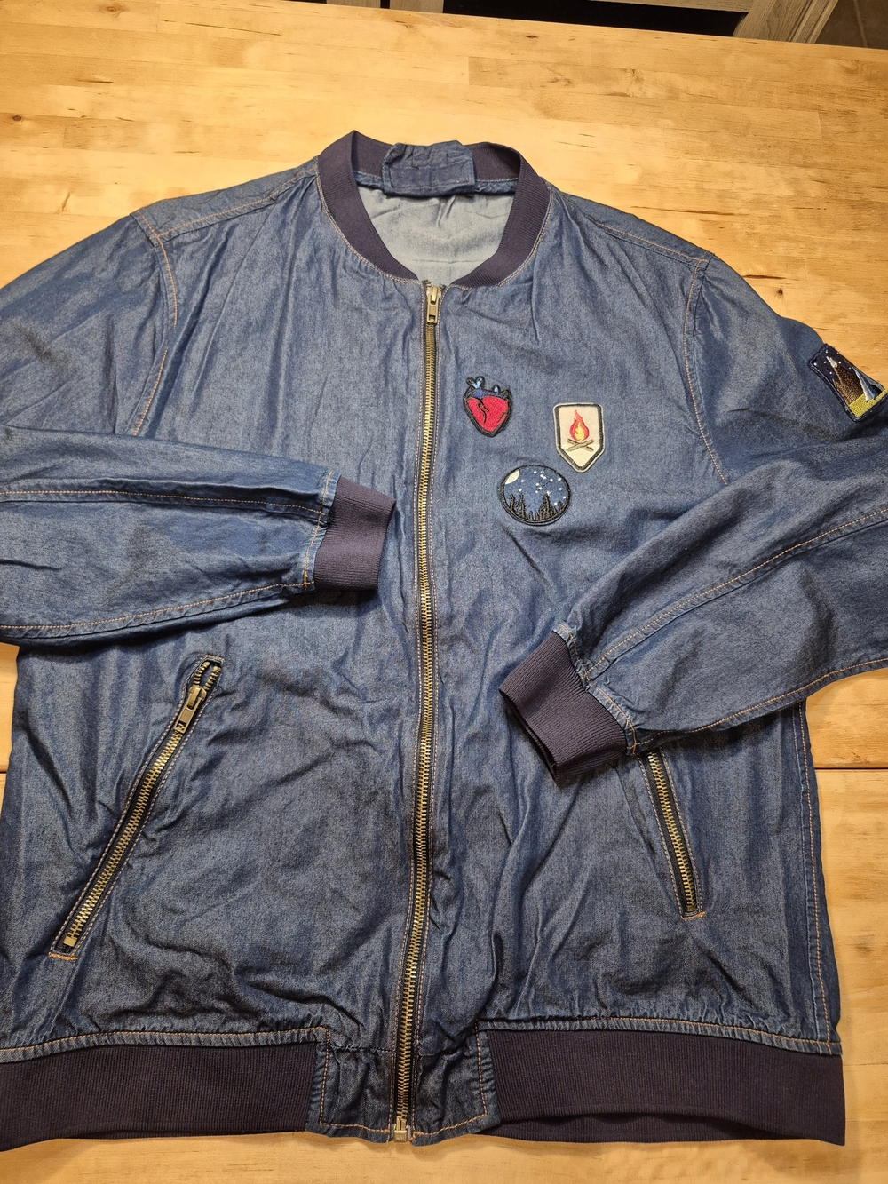 Zara Denim Bomber Jacket with Embroidered Patches - Blue